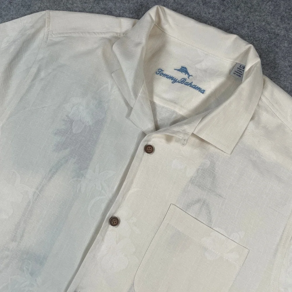 Tommy Bahama Mens Hawaiian Shirt Large Hawaii Graphic Silk Blend Cream